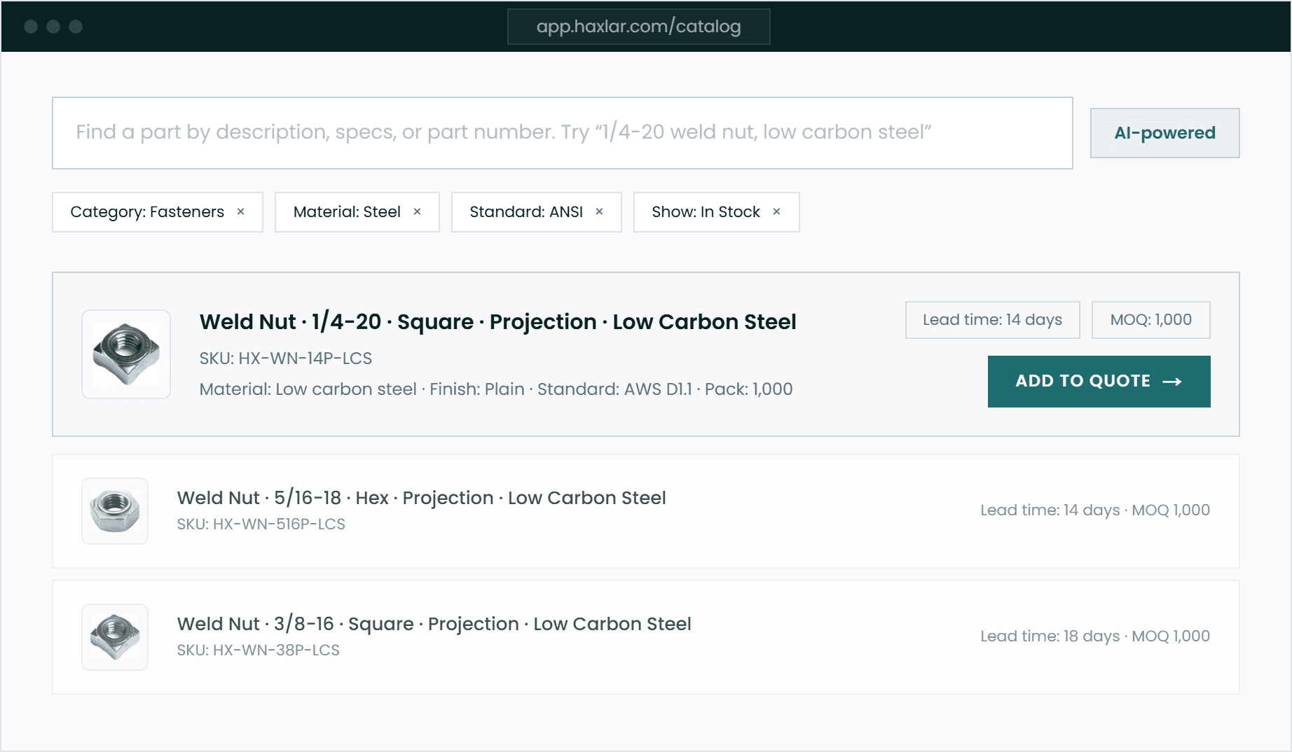 The Haxlar catalog search: a natural-language search field marked AI-powered, category and material filters, and weld nut results listing SKU, material, standard, lead time and MOQ.